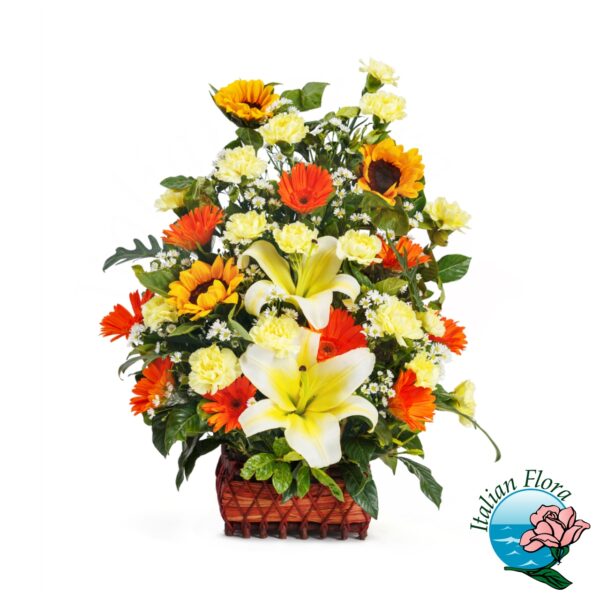Ciotola funebre alta con fiori gialli e arancioni