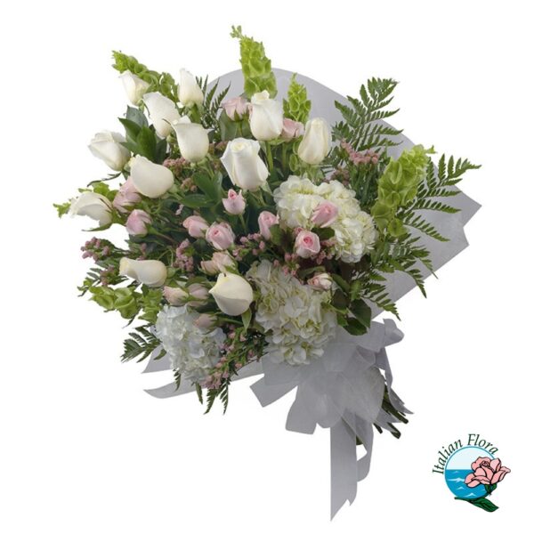 Bouquet funebre con roselline bianche e fiori rosa