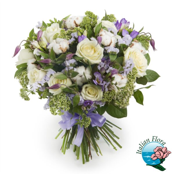 Bouquet funebre di rose bianche e fiori viola