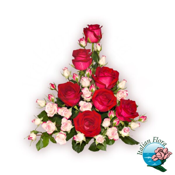 Composizione funebre di rose rosse e rosa