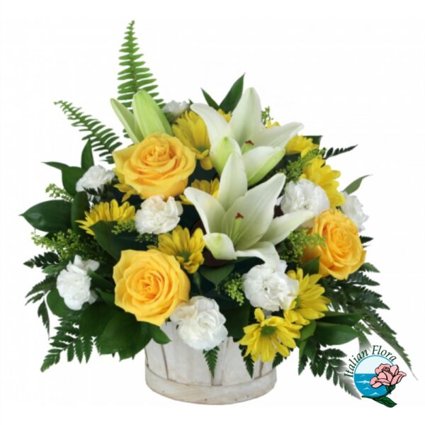 Ciotola funebre con rose gialle e lilium e fiori bianchi