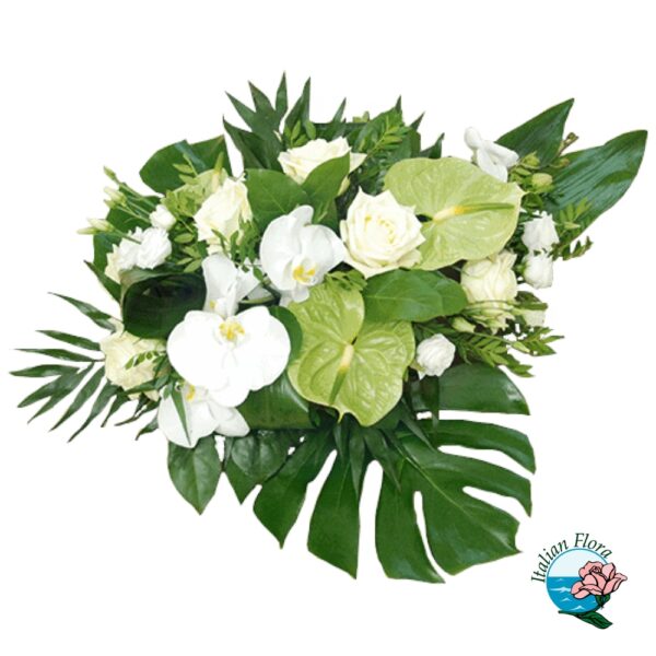 Composizione funebre con anthurium e fiori bianchi