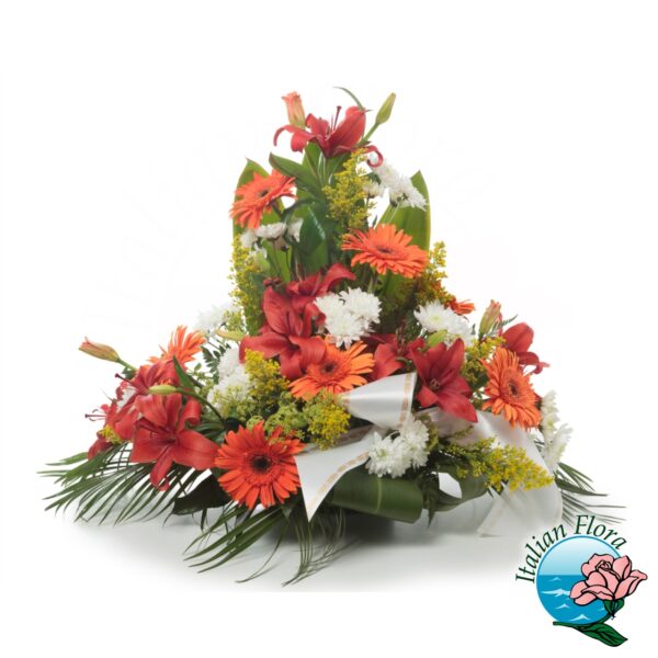 Ciotola funebre alta di fiori rossi e arancio
