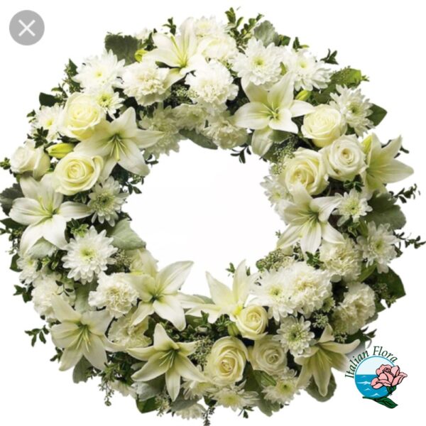 Corona funebre di fiori misti bianchi per funerale