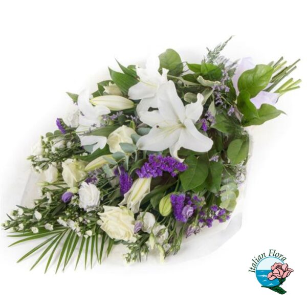 Mazzo funebre con gigli bianchi e fiori viola